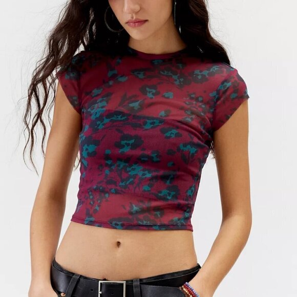 NWT UO Urban Renewal Remnants Mesh Red Animal Print Baby Tee - Picture 11 of 11